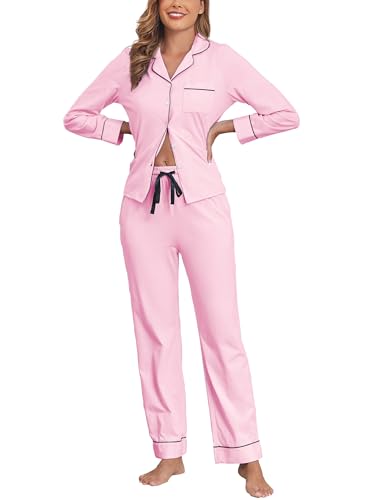Image of Veseacky 100% Cotton Women's Pajama Set Long Sleeve Button Down Sleepwear Soft Pjs Lounge Sets Nightwear Pjs XS-XXL