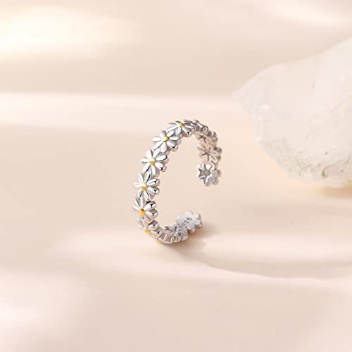 Pupillemon Daisy Flower Ring For Women, 925 Sterling Silver Rings Stacking Rings For Women, Adjustable Open Womens Rings Jewelry #TOP3