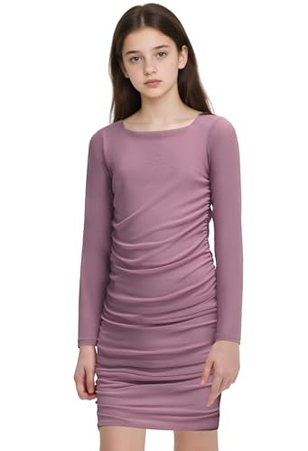Girls Bodycon Dresses Long Sleeve Short Mesh Teen Girls Formal Dresses Crew Neck Ruched Party Prom Dance Dress