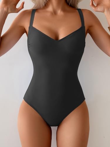 Eomenie Women's Tummy Control One Piece Swimsuit Slimming Lace Up Back Bathing Suit V Neck Swimwear Black2