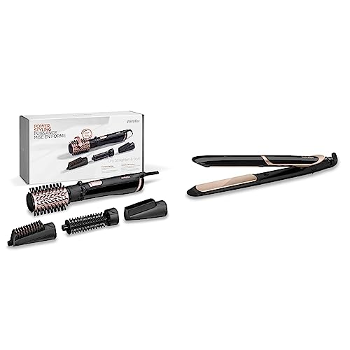BaByliss AS200E Cepillo de Aire Rotatorio 1000 W, Iónico, Cepillo de Pelo + Aire Frío, 2 Sentidos de Rotación, Color Negro & ST393E Plancha de pelo profesional, iónica,Color Negro