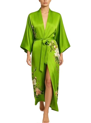 Image of Women's Classic 100% Silk Kimono Robe, Bathrobe-Printed Pattern