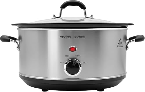 Image of Andrew James Slow Cooker Crock Pot - Sizzle to Simmer Digital Auto Setting with Tempered Glass Lid and Removable Crockpot in Silver 3. 5L
