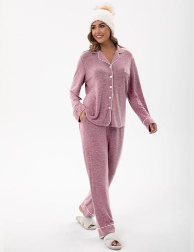 Image of UMBY Women's Silk Satin Pajama Sets, 2 Piece Silky Pjs Sets for Women, Soft Pajama Set with Long Sleeve Top and Pants Light Pink