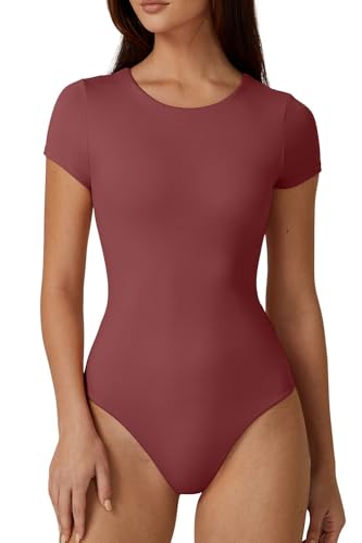 Image of QINSEN Women's Crew Neck Short Sleeve Bodysuit Double Lined Body Suits Basic T-shirt Tops