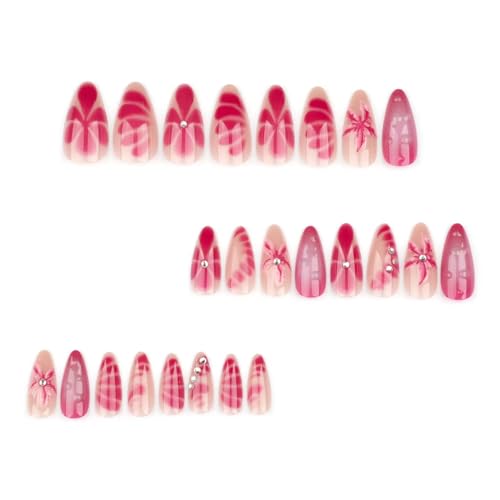 Image of Flower Press on Nails Purple Ombre Fake Nails Medium Almond False Nails with Rhinestone Design 5D Starfish Glue on Nails Glossy Artificial Acrylic Full Cover Spring Stick on Nails for Women Manicure