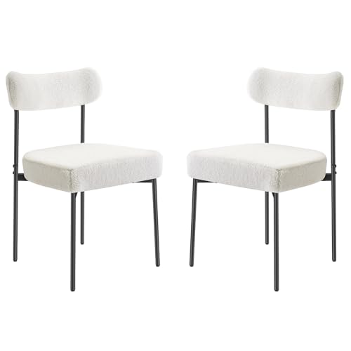 Image of VEVOR Boucle Dining Chairs Set of 2, Mid Century Modern Sherpa Accent Chairs, Upholstered Side Chair for Dining Room, Space-Saving White Kitchen Chair with Curved Backrest and Black Metal Legs