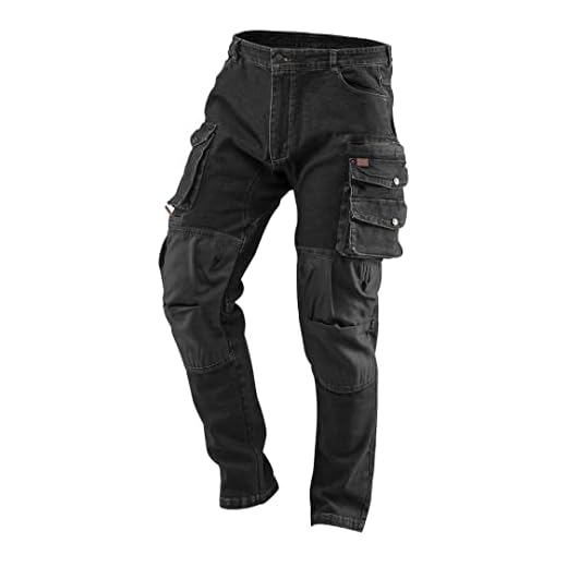 NEO TOOLS Denim Arbeitshose, schwarz, Größen XS-3XL; Baumwolle + Elasthan; verstärkte Kniepartie; Multifunktionstaschen; Werkzeugaufbewahrung; Ventilation (as3, Alpha, m, Regular, Regular)