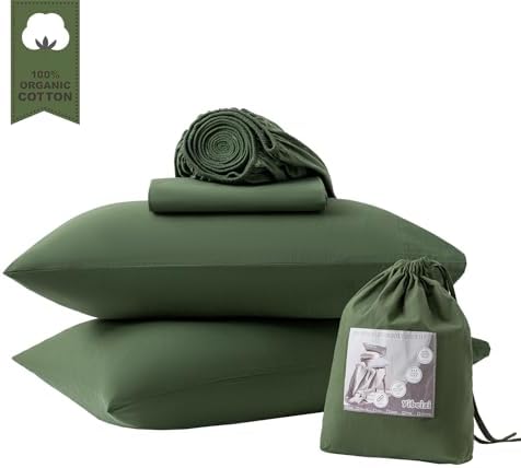 Yibeizi Green 100% Washed Cotton Linen Feel Sheet Set Full Size, 4 Pieces Deep Pocket Bed Sheets Soft Breathable Hotel Bedsheets