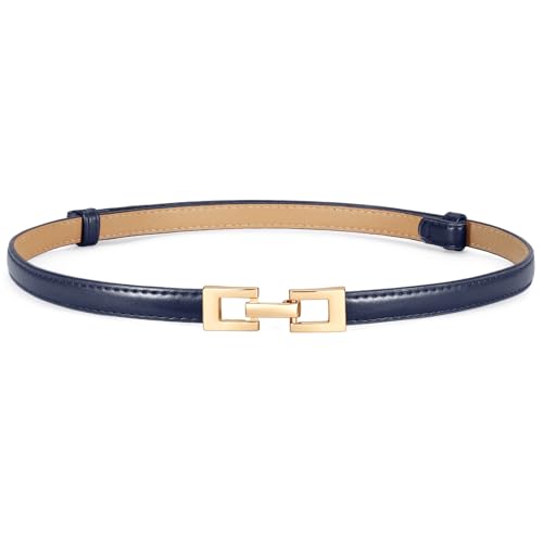 XZQTIVE Womens Thin Leather Belt Adjustable Casual Office Belt for Dresses Jeans Pants Gold Buckle Navy 100cm