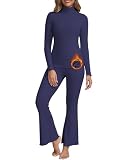 WOWENY 2 Pieces Pajama Set Mock Turtleneck Thermal Underwear for Women Fleece Lined Base Layer Long Johns Cold Weather Top Bottom Matching Outfits Winter(Navy,S)