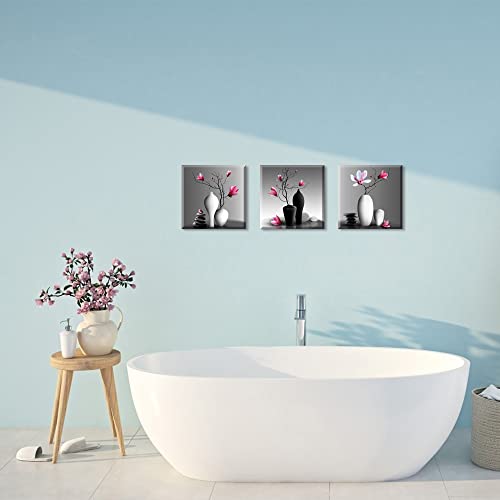 Flower Wall Art For Bathroom Hallway, Sz Elegant Rchid Still Life Canvas Painting Prints, Pink Magnolia In Black And White Vases Picture (Ready To Hang, Waterproof Decor) #TOP7
