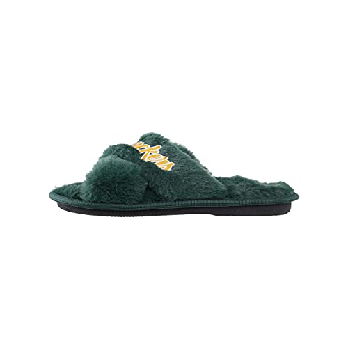 Image of FOCO Womens NFL Team Script Wordmark Fuzzy Cross Slide Slippers