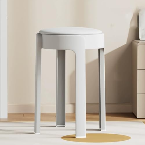Tabourets Empilables Ronds De 46 Cm, Tabourets De Bar sans Dossier en Plastique avec Coussin, Tabourets Empilables avec Une Capacité De 200kg, pour Cuisine À Domicile, École Et Bureau(White)