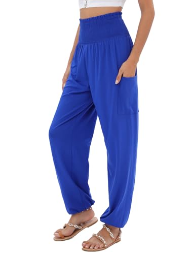 QIANXIZHAN Women's Harem Pants, High Waist Yoga Boho Trousers with Pockets, Blue, Medium
