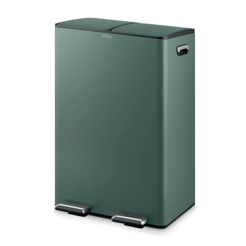 Tower Recycling Pedal Bin, Two 30L Compartments with Removable Inner Buckets, Carbon Steel Body, 60L, Forest Green