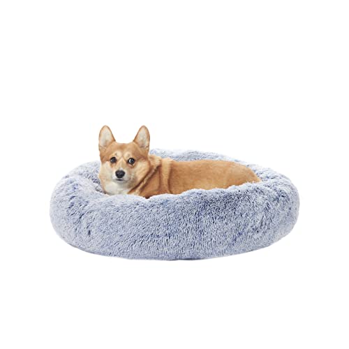 Image of Bedfolks Calming Donut Dog Bed, 30 Inches Round Fluffy Dog Beds for Medium Dogs, Anti-Anxiety Plush Dog Bed, Machine Washable Pet Bed (Navy Blue, Medium)