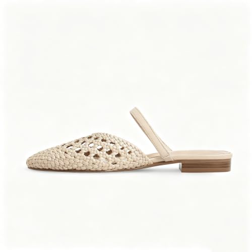 Image of Mesh Mules for Women Comfy Raffia Woven Strap Closed Pointed Toe Mule Flats Casual Slip on Dress Slides Flats