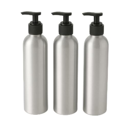 8 oz Bullet Pump Bottle - Refillable Massage Oil, Lotion, Soap, Shampoo Dispenser - BPA-Free PET with Black Locking Pump - UV-Resistant for Essential Oils (3, Aluminum)