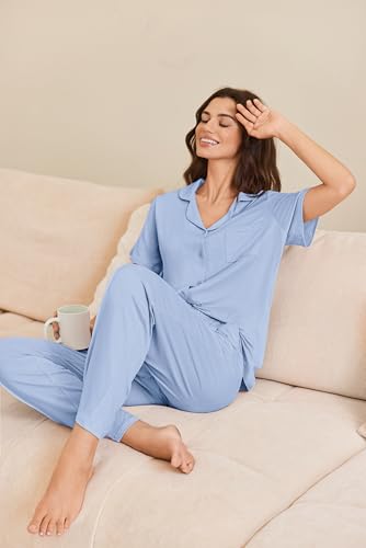 Image of Ekouaer Pajamas for Women Set Button Up Short Sleeve Pjs Sets With Pockets | Soft Womens Sleepwear,V Neck,Notch Collar,2 Piece Classic Loungewear With Long Pant for Sleep,Lounge,Fall