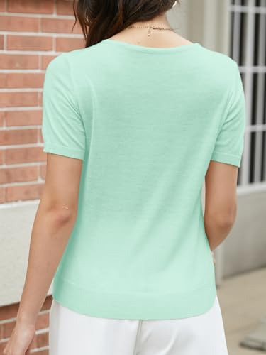 Image of SANGTREE Women's Short Sleeve Sweaters V Neck Casual Knit Pullover Tops | Perfect as a lightweight sweater for spring /summer or as a layering piece. Ideal for office, daily, holiday, home etc