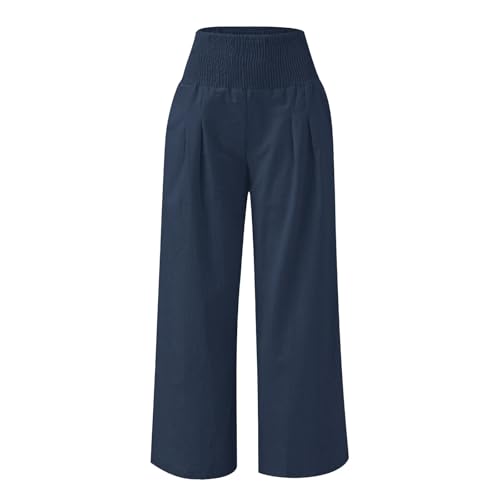 Cotton Linen Pants for Girls 2025 Spring Fashion Smocked High Waist Wide Leg Trousers Casual Loose Fit Pants3