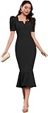 ELLITI Vestido ajustado de mezcla de licra con escote corazón, cuello en V, vestido ajustado con manga corta abombada y dobladillo de sirena, longitud hasta la pantorrilla, longitud media, longitud