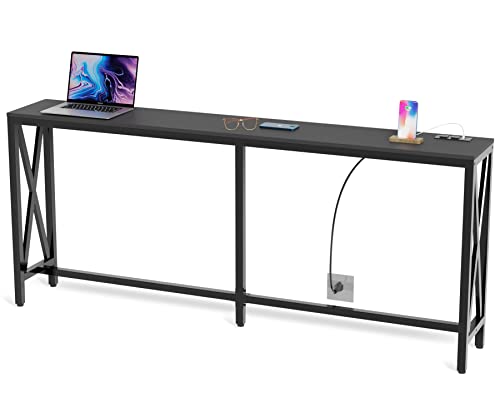 Image of Aquzee Console Table with 2 Power Outlet and 2 USB Ports, 70.9 inch L x 11.8 inch W x 31.5 inch H Steel Frame Narrow Behind Couch Sofa Table, Extra Long Black Entryway Table