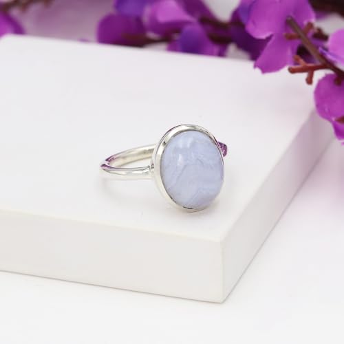 Bague agate bleue ovale en argent 925 le cadeau d'anniversaire parfait pour elle