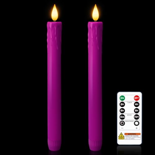 Image of Homemory 9.6 Inches Real Wax Purple Flameless Taper Candles with Remote Timer, 2 Pcs LED Fake Candlesticks, Battery Candle with 3D Flickering Flame for Wedding, Dinner, Xmas Anniversary Decor