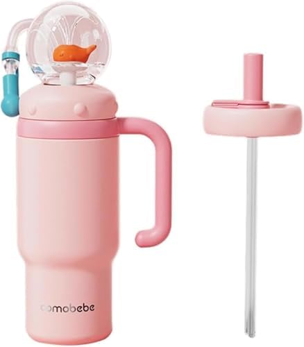 24oz Stainless Steel Whale Fountain Tumbler with Handle, Drinking Cup with Whale Squirt Insulated Travel Tumblers,Two Silicone Soft Tip, Leak-Proof Whale Fountain Tumbler for Kids Teens Adults (pink)