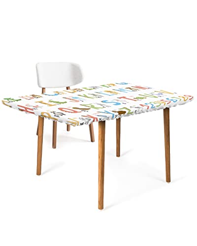 Letter Tablecloth Fitted Table Cover for 4ft Tables - Waterproof Wipeable Elastic Table Cloth for Outdoor Picnic Camping Dining Party, Colorful Cartoon Kids Alphabet Educational Cute Animal 24