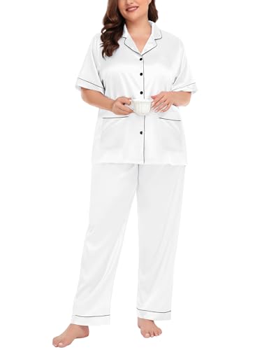 Image of SWOMOG Women's Plus Size Pajamas Silk Satin Pajama Set Short Sleeve Shirt with Full-Length Pants Pjs Sleepwear Set 18W-26W