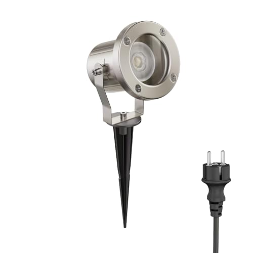 ledscom.de Gartenstrahler MIBU mit Erdspieß für außen, IP55, chrom matt, inkl. LED GU10 Lampe (warmweiß, 7,6W, 1103lm, 33°)