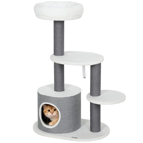 PawHut Kratzbaum 98 cm Katzenturm mit Höhle, Kratzstämme, 3 Plattformen, mehrstöckiger Katzenkratzbaum, Kletterbaum, für Katzen unter 4 kg, Grau+Weiß
