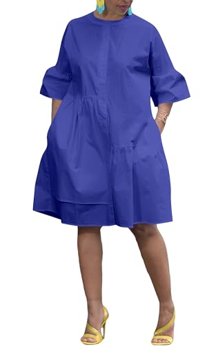 Image of Choichic Button Down Shirt Dresses for Women with Pockets Flare Bell Sleeve A-Line Midi Tunic Dress