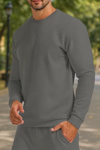 Image of KAJARU Quilted Pattern Long Sleeve Sweatshirt, Round Neck, Men's Casual Pullover, Grey, Black, Beige