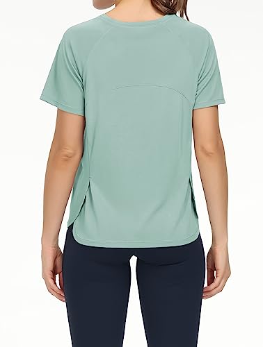 The Gym People Women's Short Sleeve Workout Shirts Breathable Yoga T-Shirts With Side Slits Athletic Tee Tops Light Green #TOP3