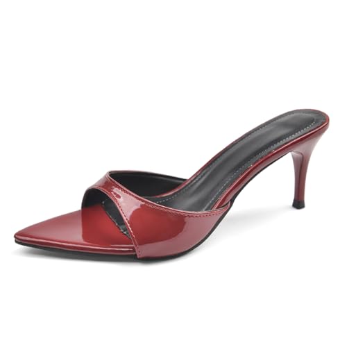Women's Patent Leather Pointed Open Toe Kitten Heel Slide Sandals Comfort Backless Slip On Mules Pumps Fashion Party Dress High Heels