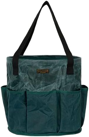 Heavy Duty Waxed Canvas Gardening Tote Bag - 14-Inch Water-Resistant Tool Organizer with 8 Pockets | Multi-Compartment Storage Solution for Pruning Shears, Gloves, and Small Tools (DarkGreen) - Thumbnail 2