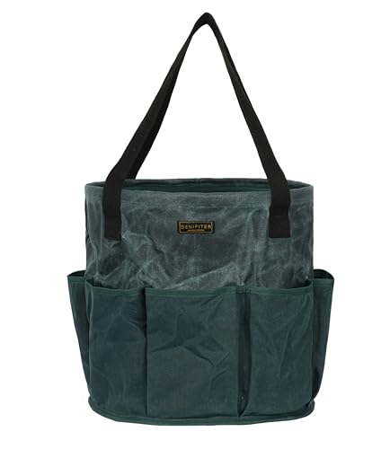 Heavy Duty Waxed Canvas Gardening Tote Bag - 14-Inch Water-Resistant Tool Organizer with 8 Pockets | Multi-Compartment Storage Solution for Pruning Shears, Gloves, and Small Tools (DarkGreen)
