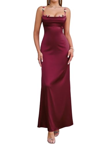 Satin Maxi Dress Floral Spaghetti Strap Backless Sleeveless Formal Prom Party Slik Wedding Guest Dresses for Women