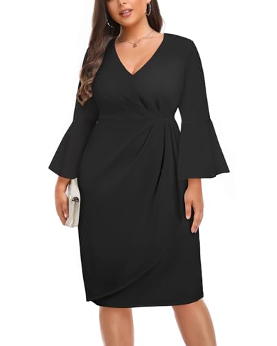 plus size knee length dresses with sleeves Talisea Womens Work Dress Black V Neck Bell Sleeve Business Church Funeral Cocktail Semi Formal Pencil at Amazon Women's Clothing store elegant plus size dresses for wedding