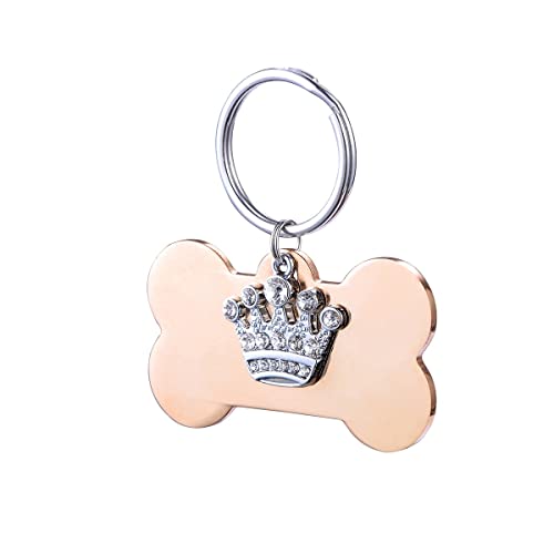 Stainless Steel Custom Pet ID Tags, Personalized Bone Shaped Dog Cat Tags Tag with Rhinestone Crown Pendant, Engraved on Both Sides, up to 8 Lines of Custom Text
