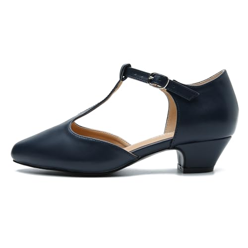 Image of MAIERNISI JESSI Women's T-Strap Mary Jane Pumps, Low Block Heel, Closed Toe, Buckle Ankle Strap