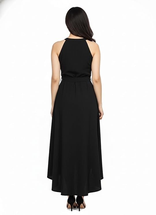 Image of Women Fit & Flare High Low Midi Dress | Sleeveless Round Neck One Piece Dress with Waist Tie Detail | Flowy Western Dress for Party and Casual Styling
