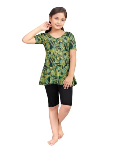 Image of Aarika Girls Sports Wear Blue Colour Leaf Print Nylon Swim Suit