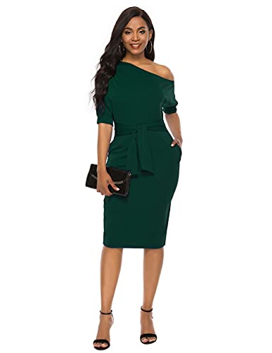 Image of Nature Comfy Elegant Womens Wear to Work One Shoulder Belted Pencil Dress