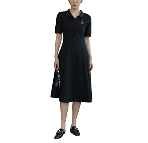Robe mi-longue noire Haitpant à broderie cerise et col polo boutonné