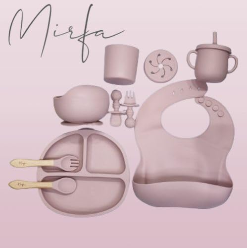 Mirfa, Silicon Baby Feeding Set,Toddler Self Feeding Dish with Spoons Forks Sippy Cup Adjustable Bib,Eating Utensils,Baby Led Weaning Supplies & Suction Bowl Divided Plate Set of 10 Pink